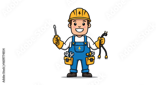 Cheerful electrician cartoon character holding tools and cables