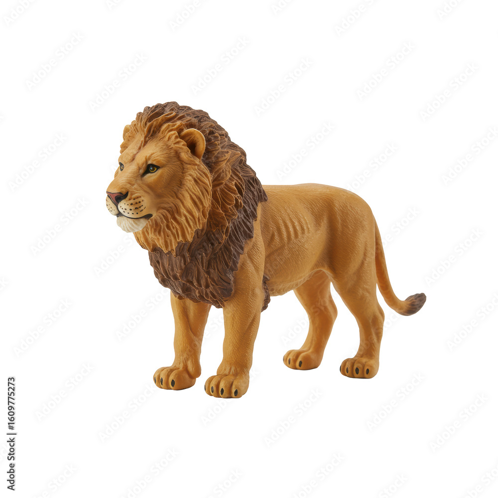Obraz premium A miniature plastic lion figurine, tawny/golden-brown, finely detailed, in a regal pose, static on a transparent studio background with no shadows, commercial product photography concept