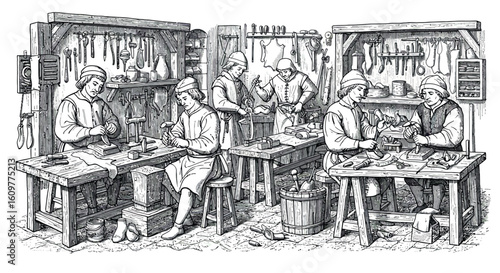 Medieval artisans in workshop: handcrafted tools and traditional techniques