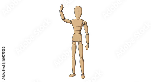 Wooden art mannequin standing with raised hand gesture on white background