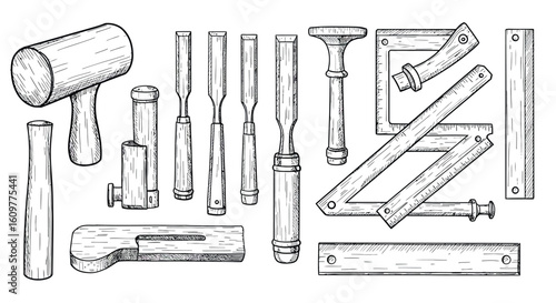 Hand-drawn vintage woodworking tools set with ruler, hammer, and chisel for carpentry projects