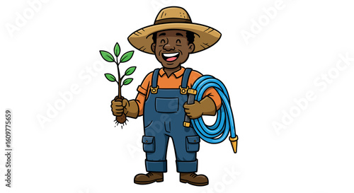 Cheerful farmer holding plant and hose in overalls and straw hat cartoon