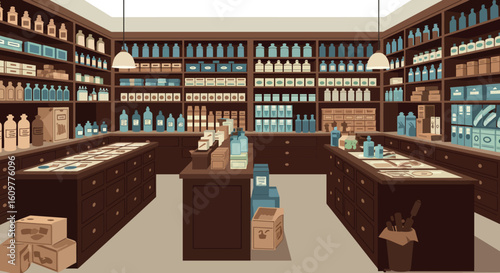 Vintage apothecary shop interior with shelves full of bottles and boxes
