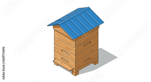 Isometric wooden beehive with blue roof on white background