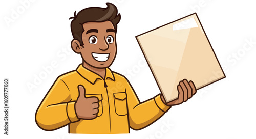 Cheerful cartoon character holding blank sign for custom messaging