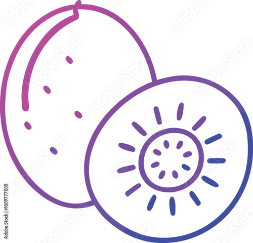 Illustration of Whole and Cut Kiwi Fruit with Green and Brown Skin
