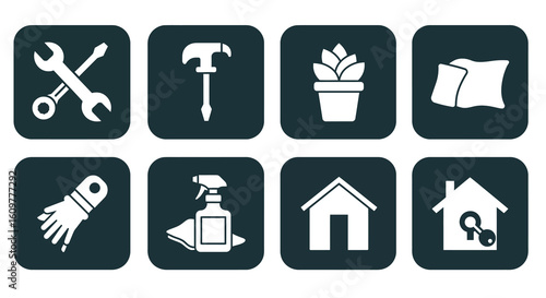 Home maintenance and cleaning icons set: tools, plants, and supplies