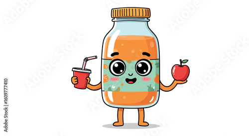 Cute juice bottle character holding apple and drink with straw on white background
