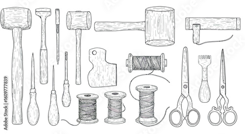 Hand-drawn leather crafting tools set with mallets, awls, scissors, spools, and stitching implements