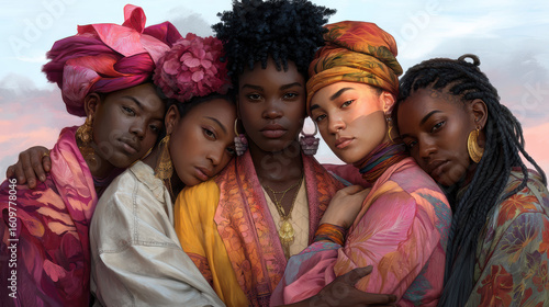 Vibrant Portrait of Diverse Women in Traditional African Attire with Headwraps and Jewelry in Natural Setting