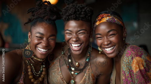 Joyful African Women Celebrating Friendship and Cultural Diversity with Bright Smiles and Vibrant Attire