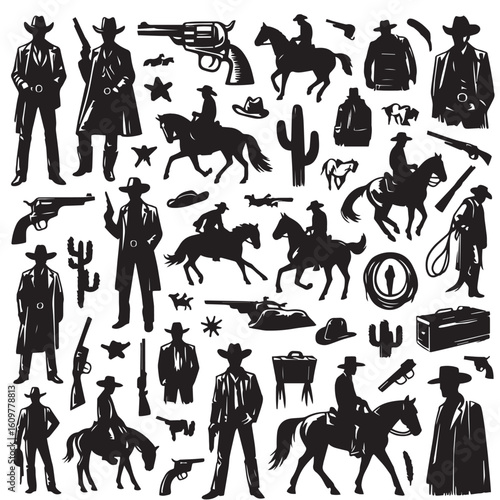 
Silhouette of a Cowboy on Horseback at Sunset

Western Cowboy Silhouette Against Dramatic Sky

Cowboy Riding Horse – Vintage Wild West Silhouette

Lone Cowboy Silhouette with Hat and Lasso

