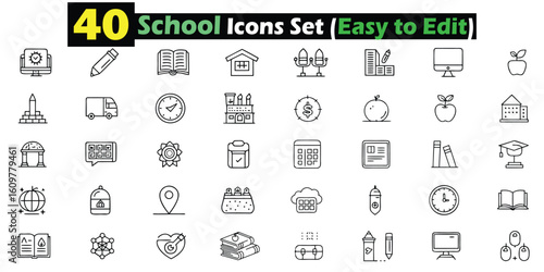 Collection of 40 black and white school and education icons vector