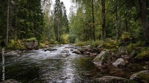 Serene woodland river flows swiftly amidst moss-covered rocks and verdant trees in natural beauty.