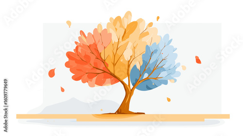 Colorful autumn tree with orange and blue leaves losing petals  