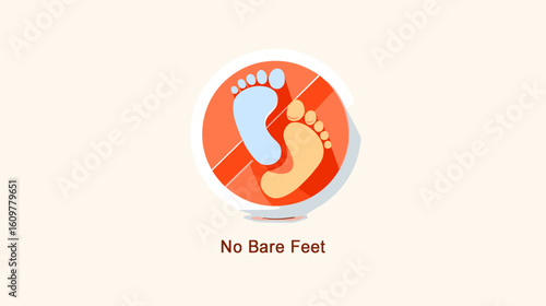 No Bare Feet warning sign with colorful footprints illustration  