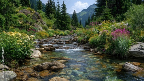 A picturesque mountain stream gently flows amid vibrant wildflowers on a bright summer day outdoors.