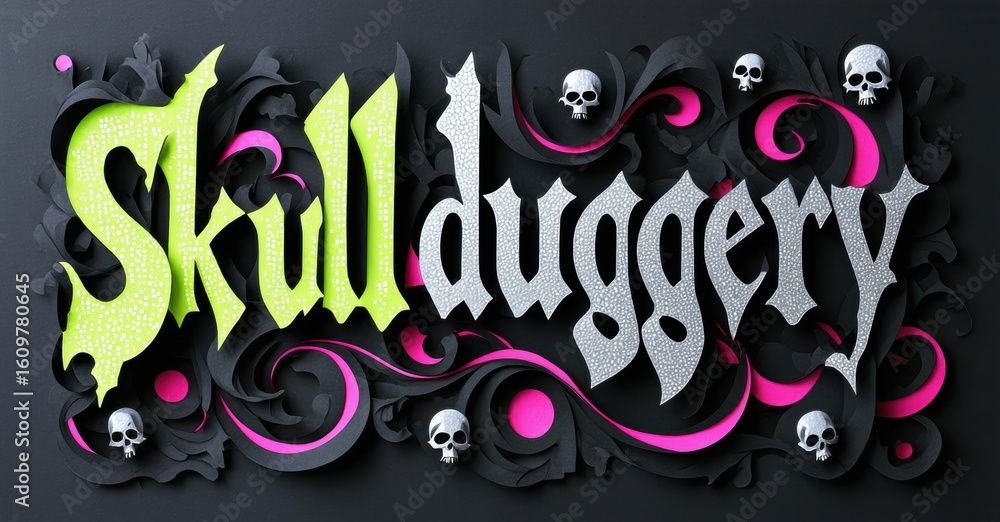 Fototapeta premium Dramatic logo features stylized text Skullduggery. Pink, black, silver colors create spooky, ornate design. Skulls accent lettering.