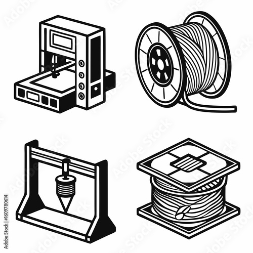 Set of four isometric icons representing 3d printing technology and materials