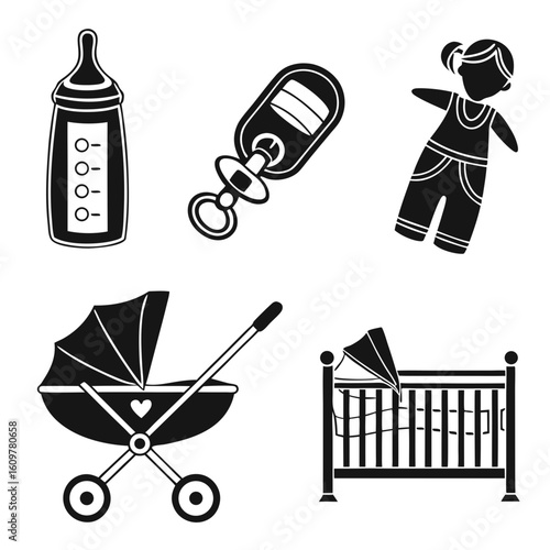 Collection of baby care icons including a bottle pacifier child stroller and crib