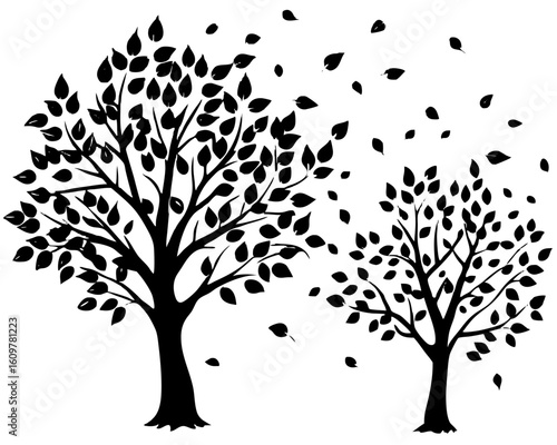 Black and white stylized trees, leaves falling, minimalist nature design, autumnal mood, vector illustration.