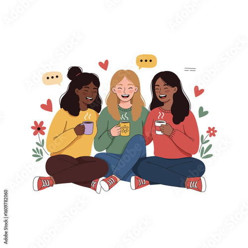 Three diverse women friends enjoying coffee together laughing and chatting friendship togetherness happy moments