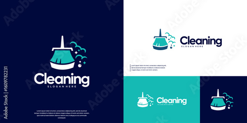 Broom logo with dust effect, clean symbol, maintenance service, graphic design template.