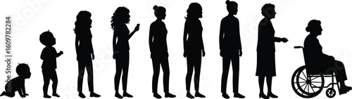 Wallpaper Mural Stages of Woman's Life from Baby to Elderly in Wheelchair, Depicting Human Aging Process and Life Cycle, Flat Vector Silhouette Illustration Torontodigital.ca