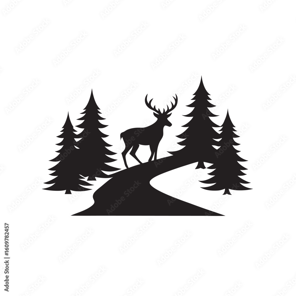 Fototapeta premium Deer With Antlers On Forest Path Silhouette