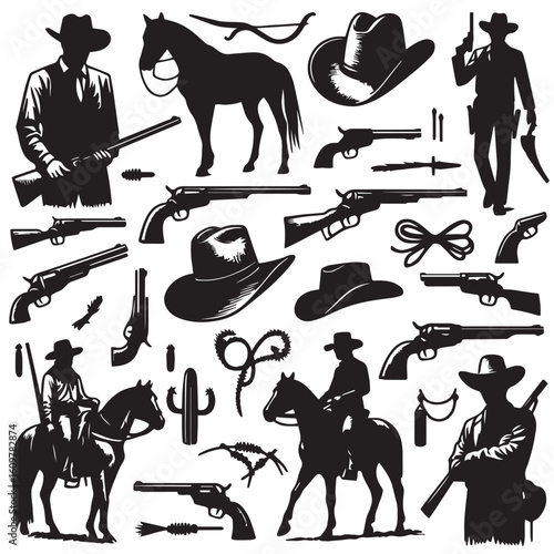 
Silhouette of a Cowboy on Horseback at Sunset

Western Cowboy Silhouette Against Dramatic Sky

Cowboy Riding Horse – Vintage Wild West Silhouette

Lone Cowboy Silhouette with Hat and Lasso

