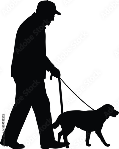Elder man walking with dog silhouette isolated on white background 