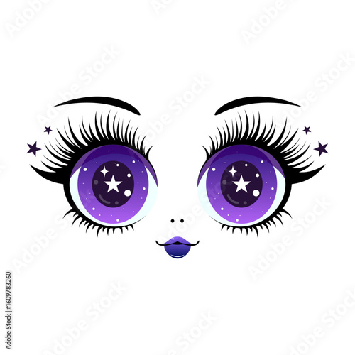 Cute kawaii doll face with big sparkling eyes