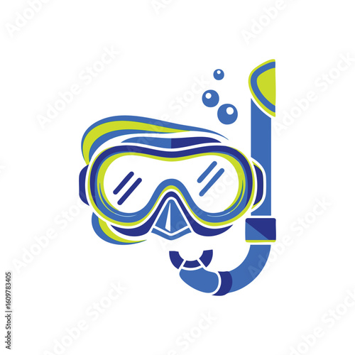 Vibrant Snorkeling Gear. Colorful underwater vision aid and breathing tube with floating effervescent spheres. Symbolizes aquatic adventures, ocean journeys, and summer excitement.