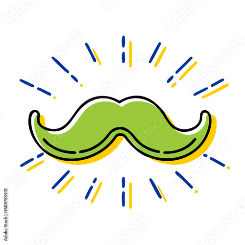 Green cartoon mustache with decorative lines on white background