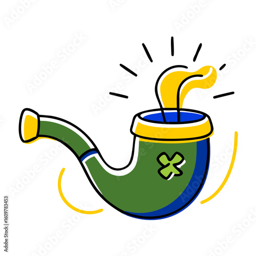 Cartoon smoking pipe with clover and yellow smoke on white