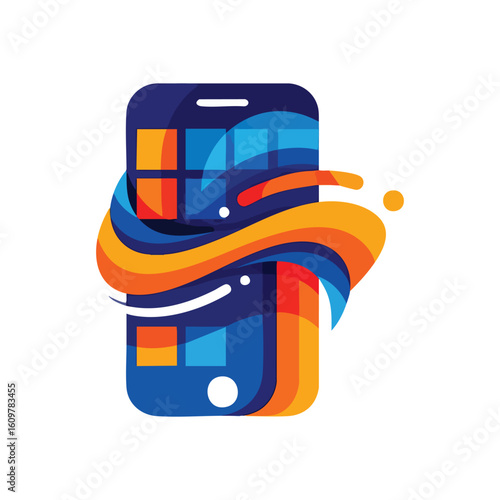 Dynamic Phone Connectivity Vision. Abstract fluid elements encircle a digital device, symbolizing data streams, innovative applications, and a seamless user experience.