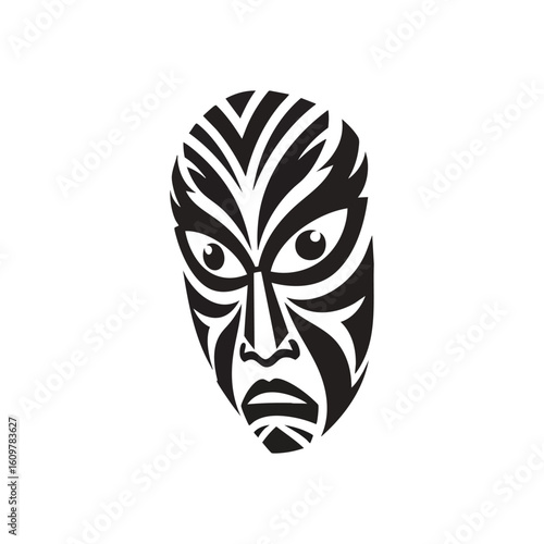 Mysterious Dark Tribal Mask. Stylized ethnic visage with striking white eyes. Features intricate patterns, embodying cultural heritage, spiritual power, and ancient mystique.