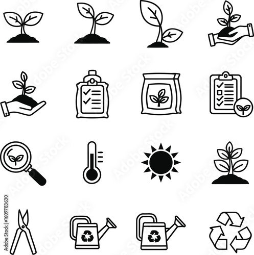 Gardening Line Icons Set, Plant Care Tools, Garden Vector Collection
