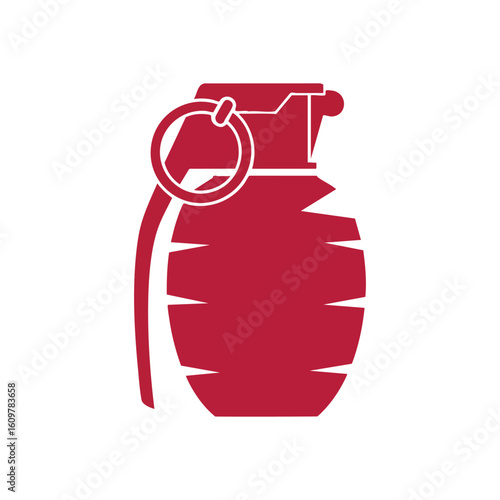 Red Explosive Grenade Symbol. Bold crimson destructive device illustration. This powerful emblem signifies threat, revolution, protest, or impending action.