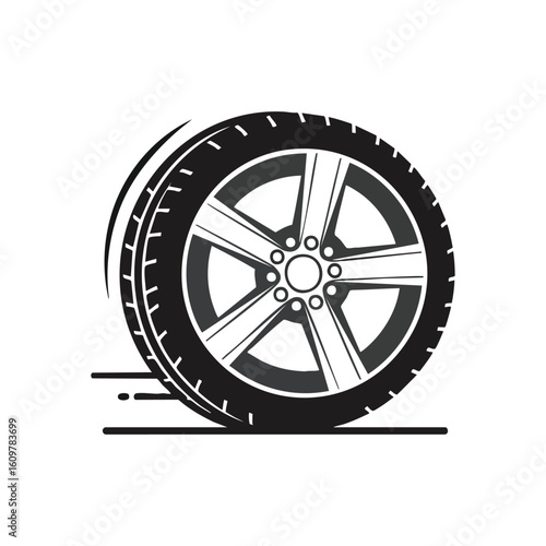 Dynamic Car Wheel with Modern Rim. Sleek monochrome illustration of a vehicle tire and rim. Motion lines symbolize speed, progress, and performance against a stark background.