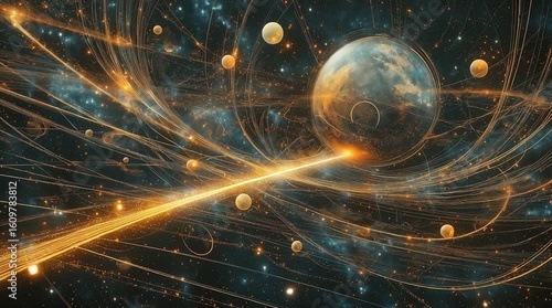 Mystic cosmic journey through planets and energy streams. Visualization of interstellar travel, quantum physics, or spiritual awakening. Evokes wonder and the vastness of the universe