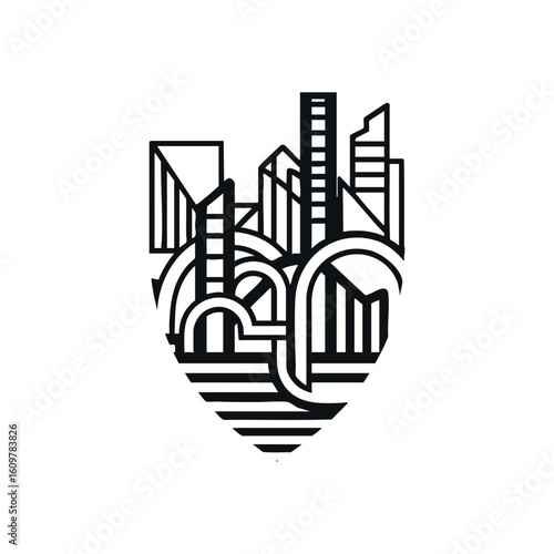 Metropolis Heart Silhouette. This striking artwork features a modern city skyline arranged into a unique motif, representing the essence of urban life and connection.
