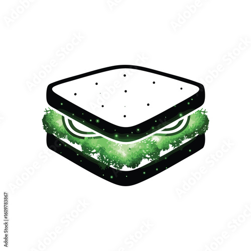 Vivid Green Monster Burger. This unique artwork features a vibrant forest creature, its glowing eyes emerging from lush foliage, creating an enchanting and mysterious woodland essence.