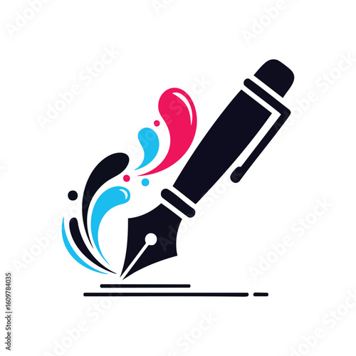 Artistic Pen with Vibrant Ink Splashes. A stylish quill produces colorful liquid bursts, symbolizing boundless imagination, expressive design, and innovative thought.