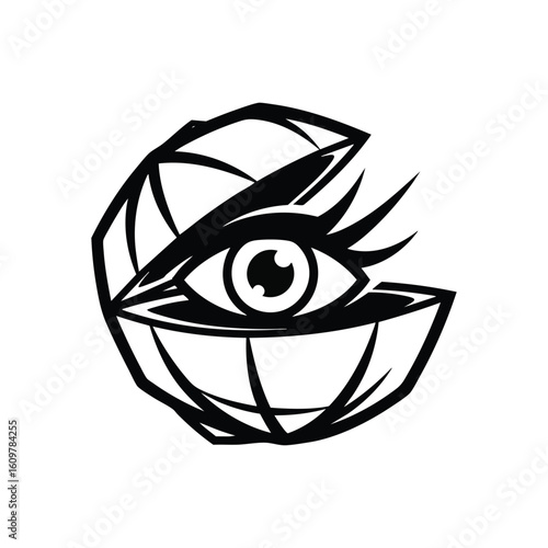 Global Vision Eye Emblem. Modern graphic depicting an insightful orb, symbolizing worldwide perception and universal awareness. Minimal black and white illustration.
