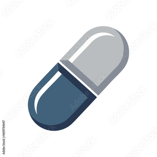 Blue Grey Medicine Pill Icon. A stylized digital rendering of a dual-colored medication unit, symbolizing health, wellness, and therapeutic solutions. Ideal for medical or pharmaceutical contexts.