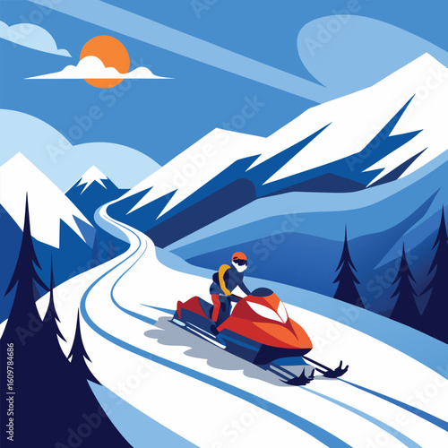 Snowmobiling adventure a vector illustration of a snowmobiler exploring mountainous winter landscapes under a sunny sky