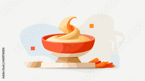 Creamy hummus in a red bowl with carrot sticks on the side  