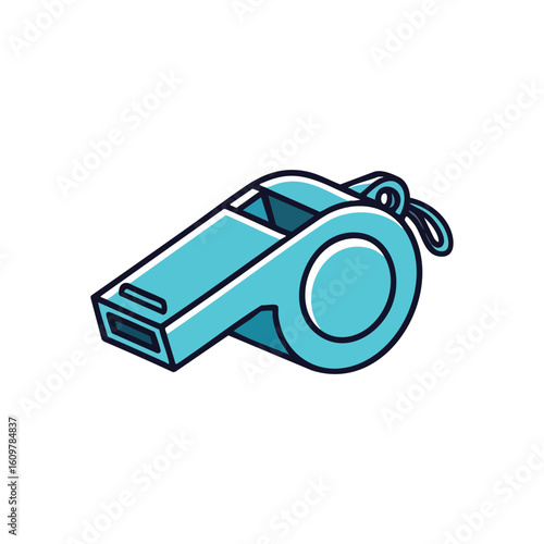 Vibrant Blue Whistle Icon. A bright cyan instrument for commanding attention and regulating activities. This illustration symbolizes authority, guidance, and the spirit of fair play in sports.