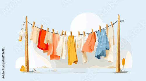 Colorful laundry hanging on a clothesline against a pastel background  